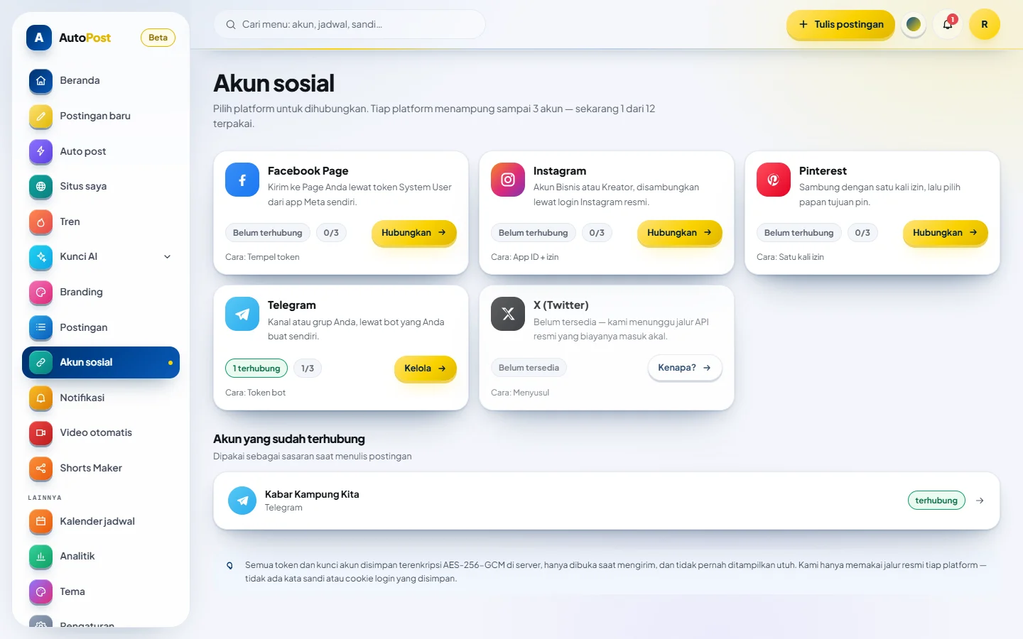 Akun sosial: Telegram tersambung, platform lain segera