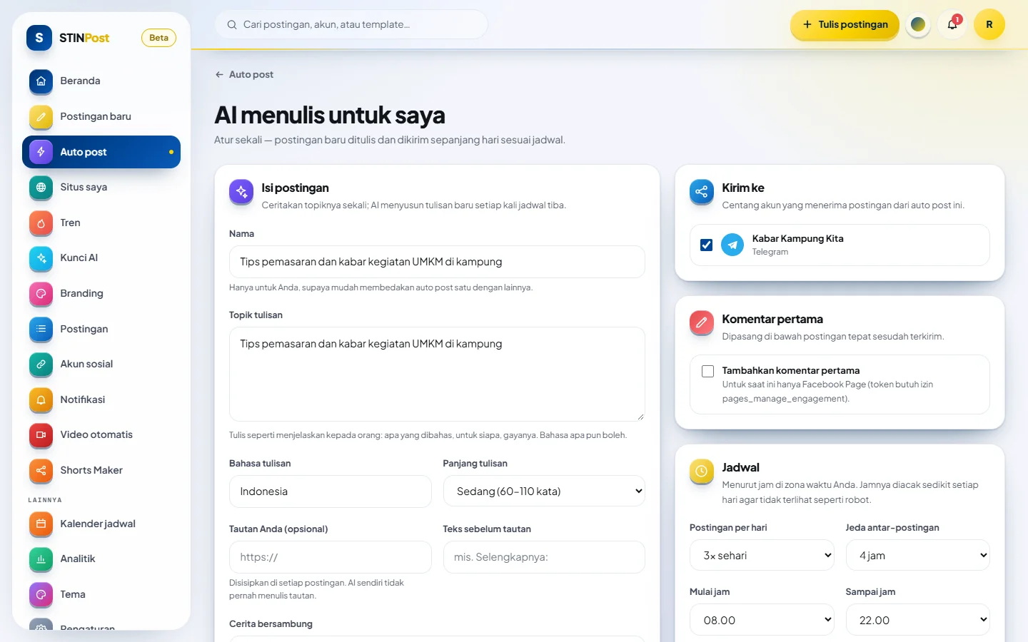Formulir auto post AI: topik, bahasa, panjang, dan jadwal harian