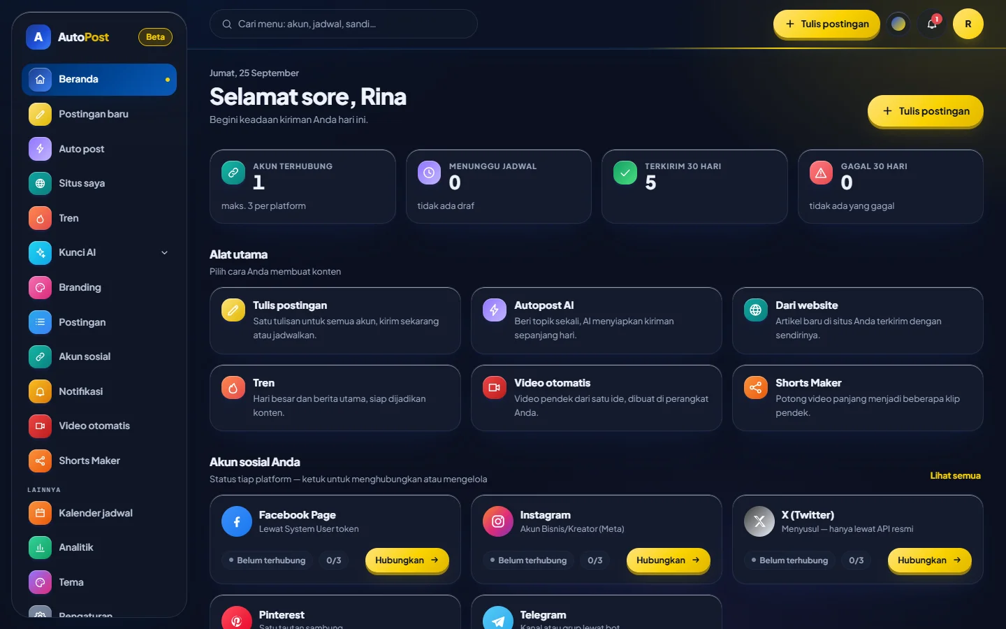 AutoPost home with a dark theme