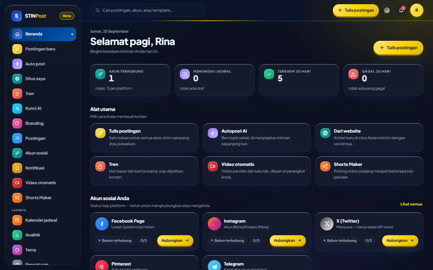 Beranda STINPost dengan tema gelap