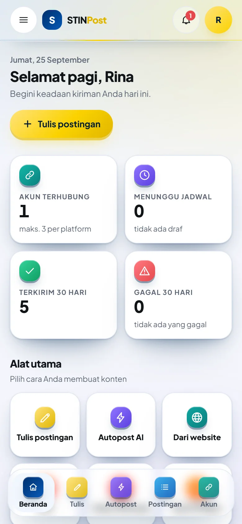 STINPost di ponsel: beranda dengan bilah menu bawah
