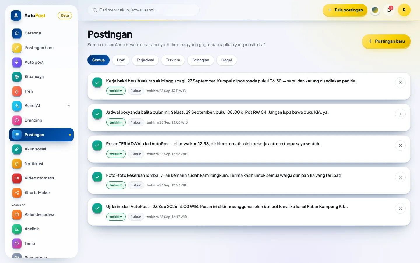 Post list with sent, scheduled, and failed status per account