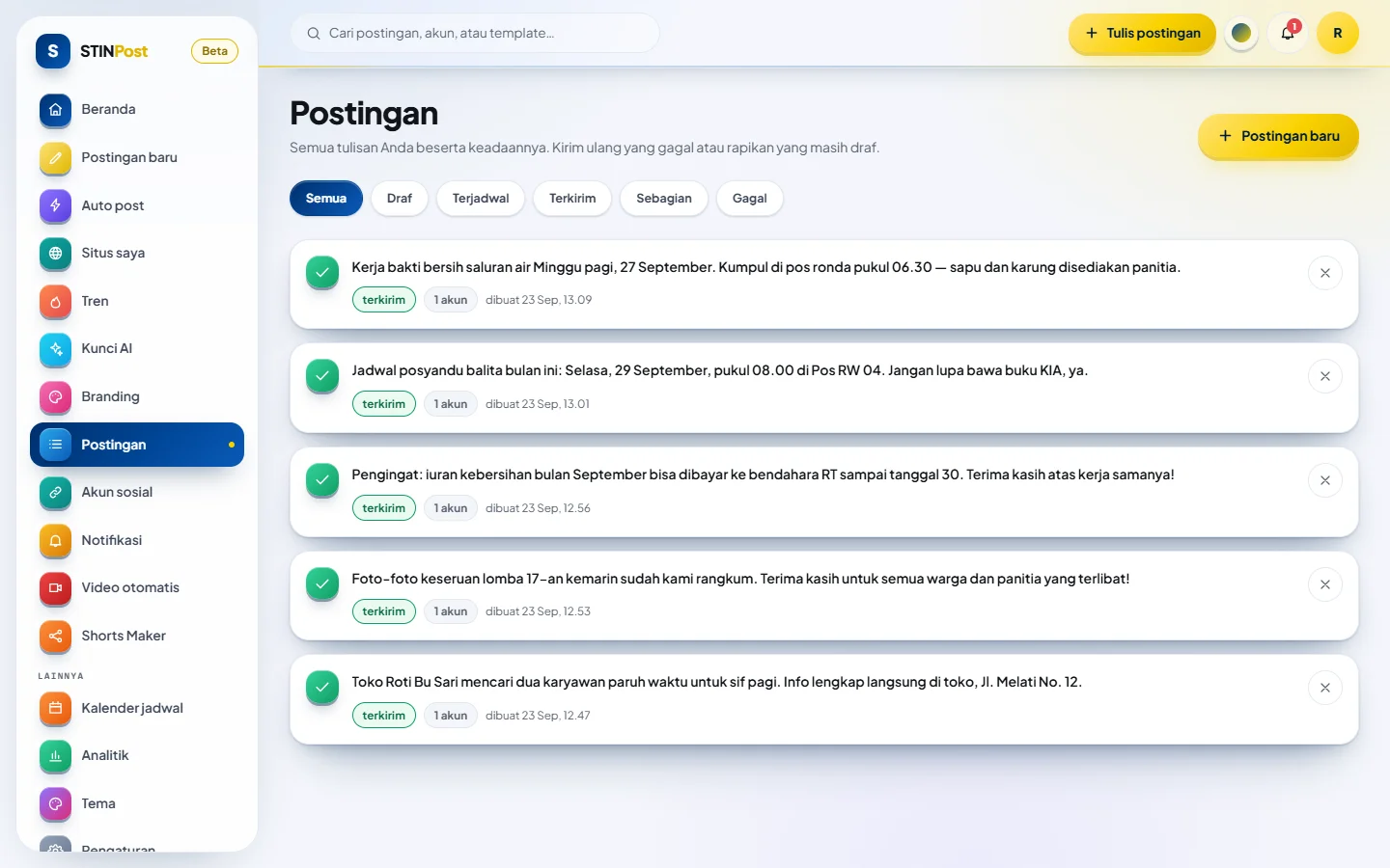 Daftar postingan dengan status terkirim, terjadwal, dan gagal per akun